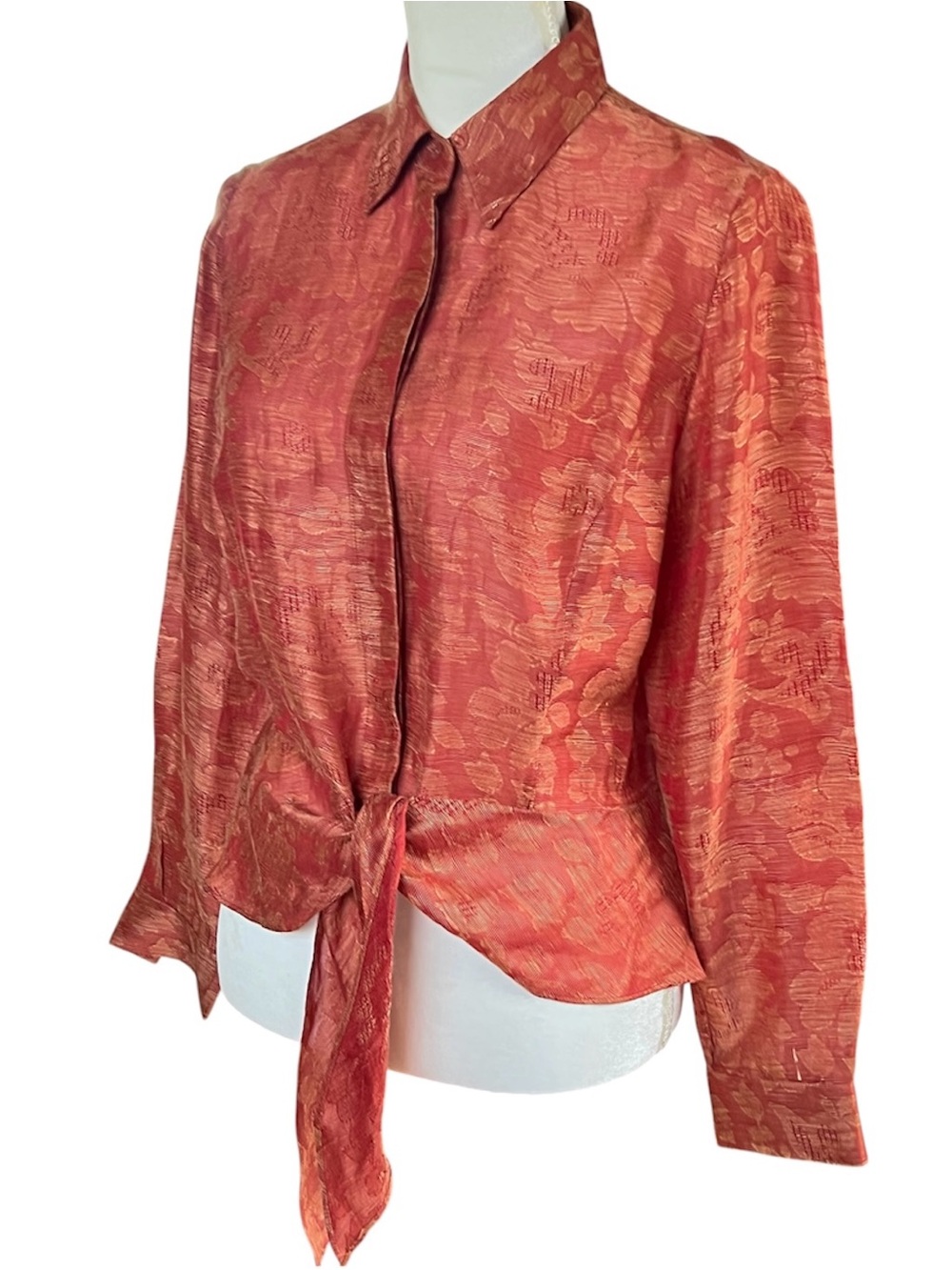 Lafayette 148 Red Silk and Linen Floral Jacquard Tie Front Blouse Size 8 - Picture 8 of 11